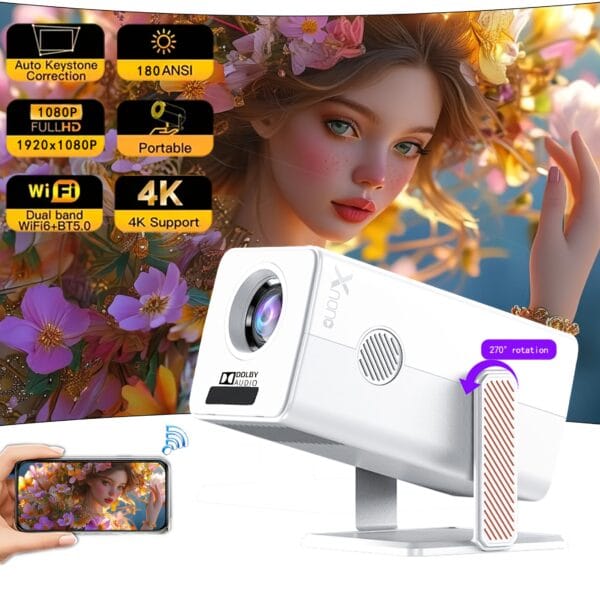 Smart Projector with 4K Support & 1080P Native Resolution, Sound, Android TV/ Play Store Built-in, Auto Focus System, Wireless 5.0 & Dual WiFi, Compatible with iOS/Android, HDTV/USB/Portable Movie Projector with Remote Control, 180LM Brightness, 3840x2160 4K UHD & 1080P Full HD, Ideal for Home Theater, Gaming, Outdoor Movies - Ideal Gift for Smart Home Entertainment System, Mini Projector for Phone