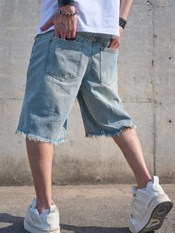 product-fancy-91a64c38-b4e9-47bb-baf3-182388f92b8b Men'S Vintage Distressed Faux Denim Shorts - Non-Stretch Faux Denim Pants with Frayed Edges, Loose Fit Five-Pocket Casual Shorts for Everyday & Formal Outfits - All-Season Retro Western Style, Faux Denim Shorts, Versatile Clothing, Classic Five-Pocket Design, Durable Fabric, Streetwear Fashion, Sturdy Construction, Streetwear Lovers