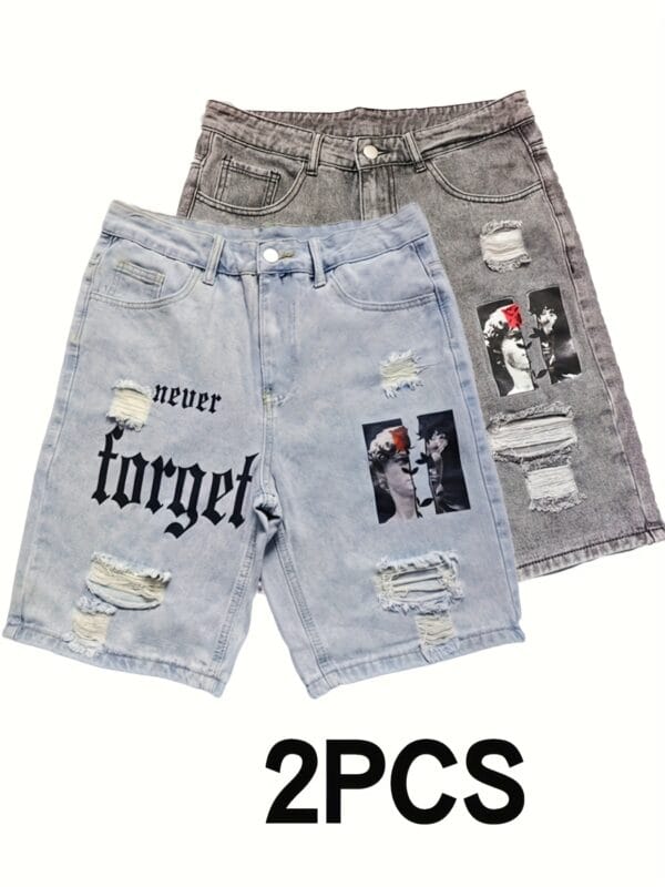 product-fancy-91b29f7f-8439-4568-b745-6f9e60021adc Men's Summer Lightweight Denim Shorts - Knee-Length Relaxed Fit Distressed Casual Shorts with Portrait Print, 52% Blend, Hand Wash Only