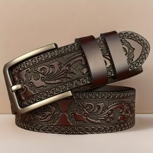 Men'S Vintage Genuine Leather Belt with Alloy Buckle - Elegant Carved Design, Perfect for Business & Casual Wear - Ideal Gift for Father or Husband