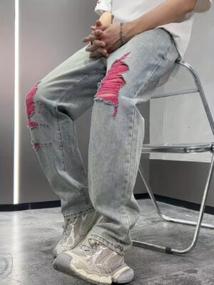 product-fancy-9391f748-ad2a-4e70-ae7b-cd921fea67aa Men's Vintage Distressed Jeans - Non-Stretchy Straight-Leg Relaxed Fit Pants with Washed-Out Blue Denim Look, Machine Washable Streetwear for Casual Outfits & Concerts - Edgy Retro Jeans for Casual Attire, Denim Jeans, Concert Attire, Nonstretch Fabric