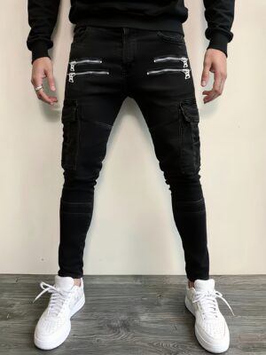 1pc Men'S Street Style Slim-Fit Jeans - Solid Color Cotton Blend, Medium Stretch, All-Season Regular Length with Zipper Details, Woven Fabric - Urban Casual Jeans