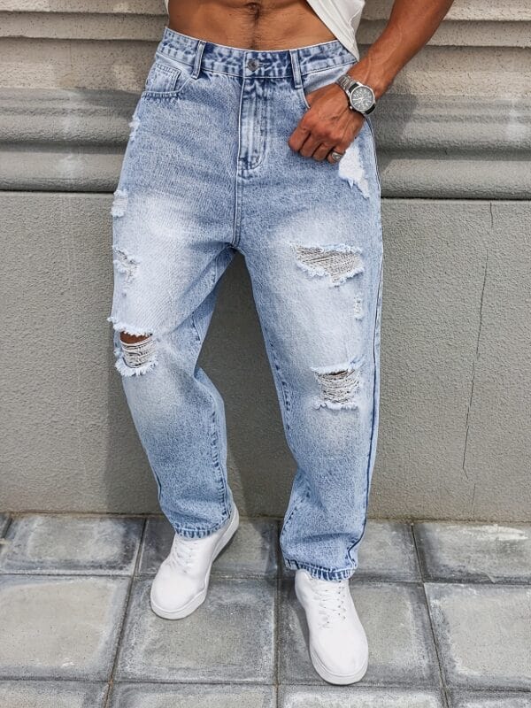 Men'S Casual Distressed Faux Denim Faux Denim - Relaxed Fit Water-Washed Ripped Detailing, Non-Stretch Durable Fabric, All-Season Versatile Style for Casual Attire, Comfortable Fashion, Classic Blue Wash, Quality Craftsmanship