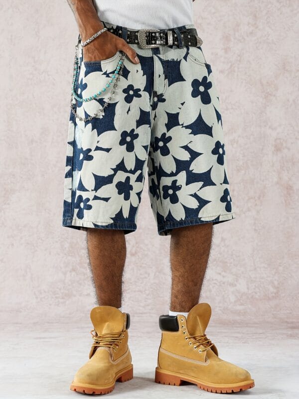 product-fancy-94598a37-e7cd-4960-9702-b486f95a475a Men'S Stylish Versatile Summer Non-Stretch Wide-Leg Faux Denim Shorts with Fashionable Front And Back Prints.