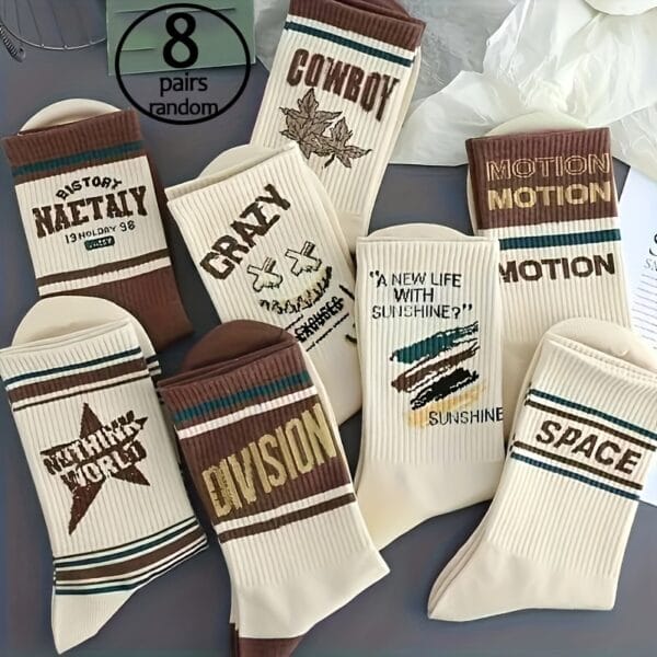 4/8 Pairs Retro Letter Print Casual Socks for Men & Women - Mid-Calf Athletic Socks with Bold Graphic Design, Breathable Polyester, Hand Wash/Dry Clean, Vintage Style for Casual Attire, Socks, Everyday Footwear, Stylish Lettering, Durable Socks, Comfortable Sock Material, Everyday Essentials, Sporty Look, Soft Sock Material, Unisex Socks, Casual Wearers