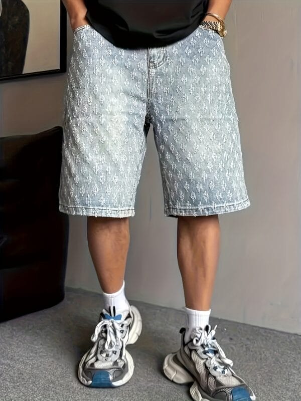 Men'S Washed Geometric Print Denim Shorts - Non-Stretch, Street Style, Regular Fit, Spring/Fall Casual Wear, Casual Wear Shorts | Geometric Print Shorts | Washed Denim