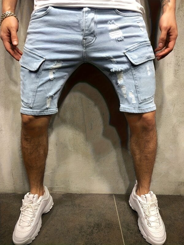 Men'S Light Blue Distressed Faux Denim Shorts - Classic Five-Pocket Design, Stretch Faux Denim for Everyday & Formal Outfits - Casual Streetwear Essentials, Faux Denim Shorts, Relaxed Fit, Ripped Detailing, Comfortable Wear, Street Style, Vintage Aesthetic, Durable Fabric, Young Adults