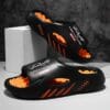 Mrs Hui Men's Summer Casual Beach Sandals - Slip-On Anti-Slip EVA Slippers with Massage Design, Black & Orange Stripes, Lightweight Durable for Outdoor, Poolside & Casual Wear, Beach Shoes, Outdoor Footwear, Sleek Slipon, Comfortable LiningSuitable for men & women