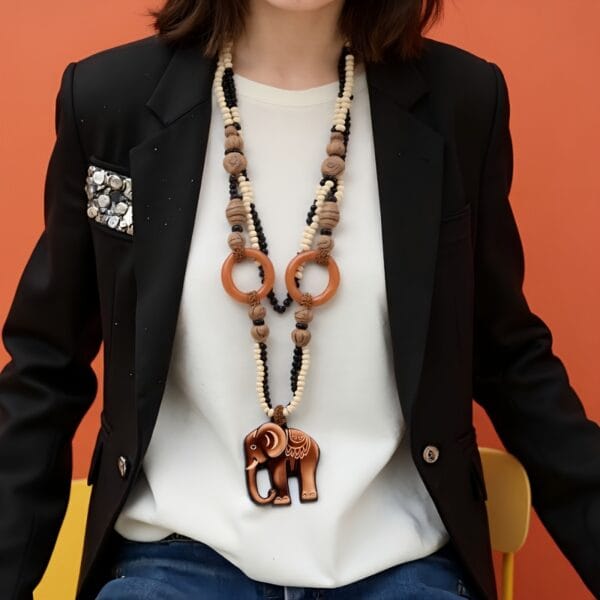 Handcrafted Wooden Ivory Elephant Pendant Necklace - Bohemian Vintage Unisex Jewelry with Bead Accents, Natural Wood Grain Texture for Men & Women, Year-Round Festival & Party Accessory, Elephant Jewelry, Versatile Fashion Piece, Minimalist Design, Earthy Tone Beads