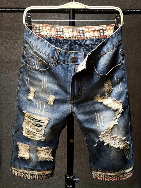 Men'S Non-Stretch Faux Denim Shorts - Classic Five-Pocket design with Random Color Patchwork, Mid-Length Casual Pants for Everyday & Formal Outfits - Edgy Streetwear Style Faux Denim Shorts, Faux Denim Shorts, Versatile Clothing, Distressed Look, Quality Stitching, Young Adults, Streetwear Fashion, Retro Fashion, Durable Fabric, Urban Style