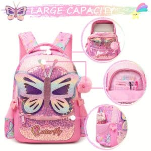 Girls Backpack for Elementary School with handbag and Pencil Case Cute Butterfly/Cat/Mermaid Backpack for Girls Cartoon Bookbag