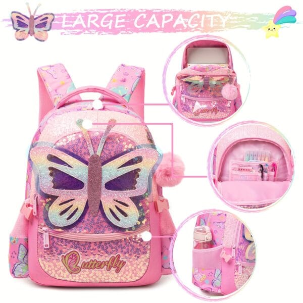 Girls Backpack for Elementary School with handbag and Pencil Case Cute Butterfly/Cat/Mermaid Backpack for Girls Cartoon Bookbag