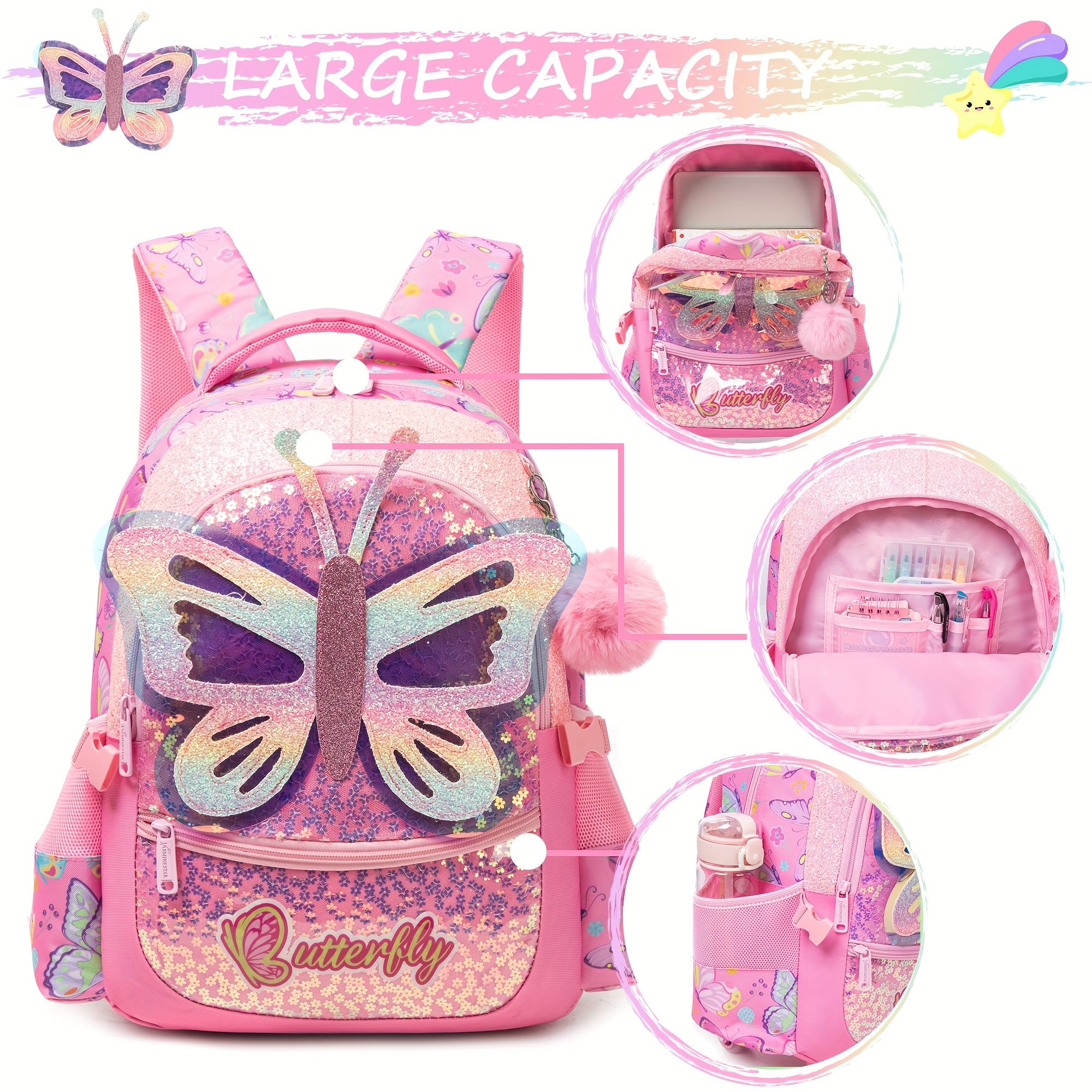 Girls Backpack for Elementary School with handbag and Pencil Case Cute Butterfly/Cat/Mermaid Backpack for Girls Cartoon Bookbag