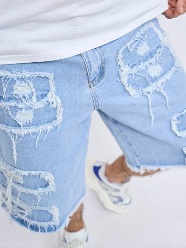 Men's Distressed Blue Jeans - Relaxed Fit Mid-Calf Length with Pre-Faded Knees & Frayed Hems, Machine Washable Casual Streetwear Shorts for Summer