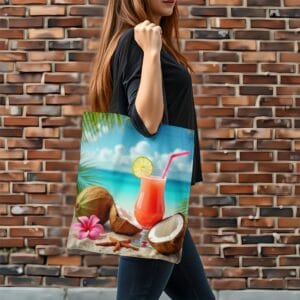1pc Large Capacity Beach Tote Bag for Women - Tropical Print with Coconut, Straw & Drink Design, Durable Polyester, Perfect for Summer Outings, Holidays & Casual Shoulder Bag