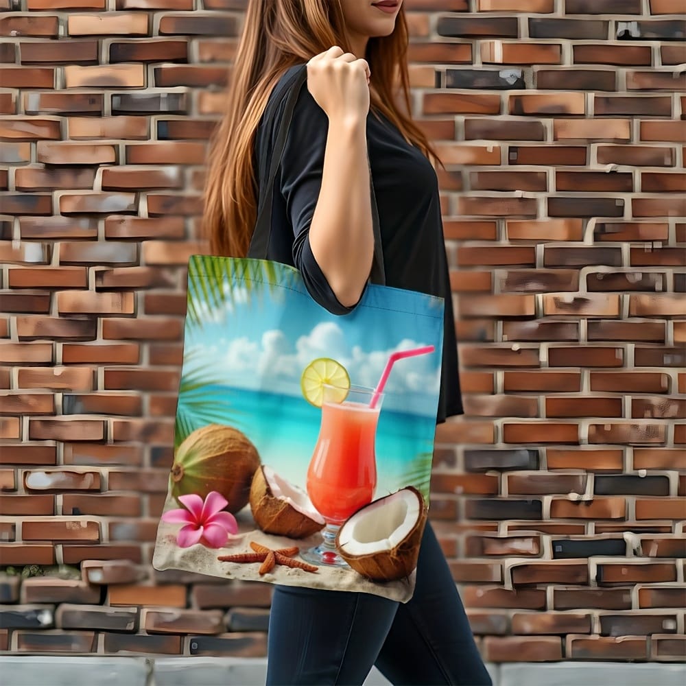 1pc Large Capacity Beach Tote Bag for Women - Tropical Print with Coconut, Straw & Drink Design, Durable Polyester, Perfect for Summer Outings, Holidays & Casual Shoulder Bag