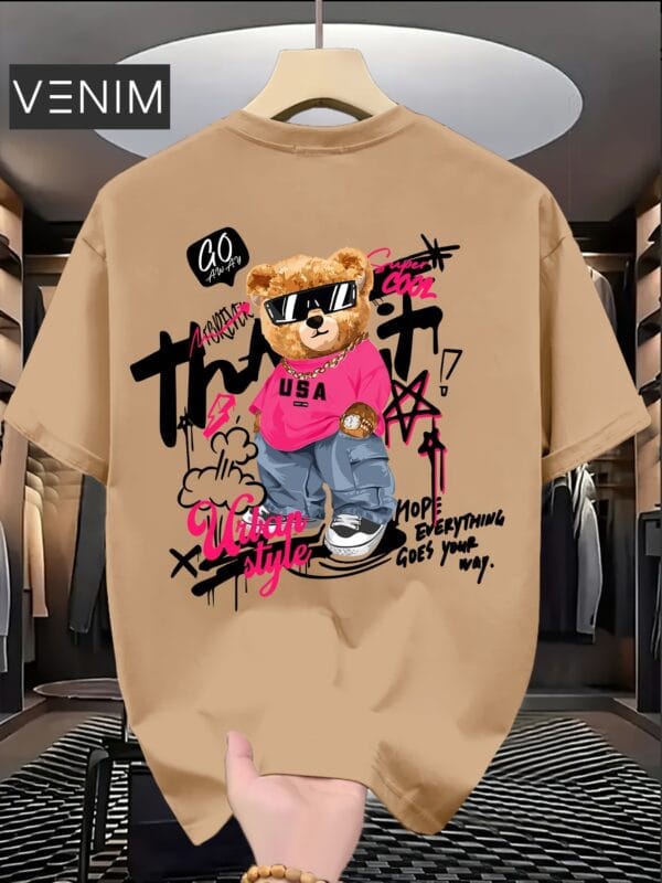 product-fancy-a08669b6-352d-476f-9c7a-fc5d21fbd3ff Men'S Trendy T-Shirt with Cute Bear Print, Casual Loose Short Sleeve Tee for Daily Wear, Outdoor Activities & Shopping Gatherings, Soft Polyester