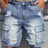 Men'S Loose-Fit Distressed Denim Shorts with Multiple Pockets - Casual Streetwear Style, Non-Stretch Fabric, Light Blue Washed Finish, Perfect for Summer Outings, Summer Shorts | Streetwear Shorts | Nonstretch Fabric