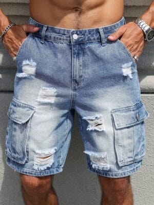 product-fancy-a09f4e76-5d8e-4d56-b49f-c21fa19bf54d Men'S Loose-Fit Distressed Denim Shorts with Multiple Pockets - Casual Streetwear Style, Non-Stretch Fabric, Light Blue Washed Finish, Perfect for Summer Outings, Summer Shorts | Streetwear Shorts | Nonstretch Fabric