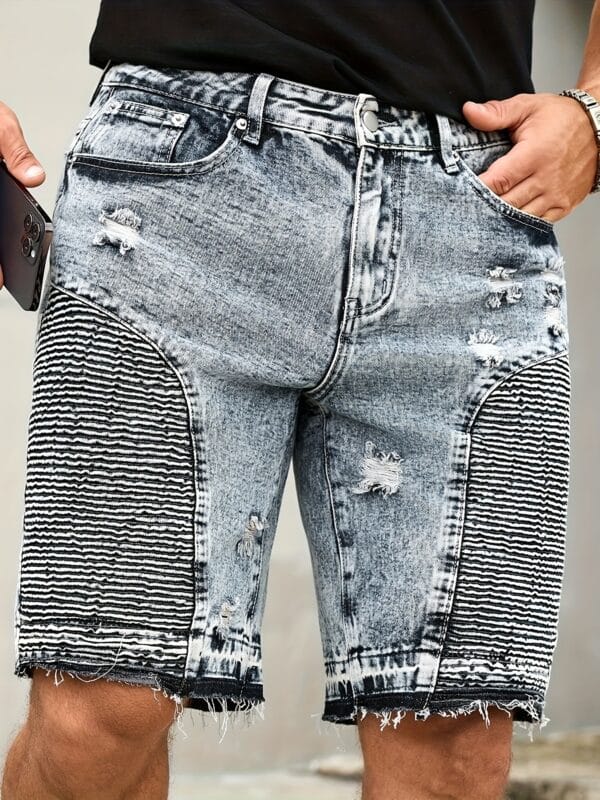 Men's Casual Straight-Leg Distressed Denim Shorts - Frayed Hem & Side Pockets, Machine Washable Regular Fit Summer Shorts for Casual Attire, Solid Color Design