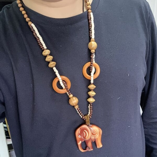 Handcrafted Wooden Ivory Elephant Pendant Necklace - Bohemian Vintage Unisex Jewelry with Bead Accents, Natural Wood Grain Texture for Men & Women, Year-Round Festival & Party Accessory, Elephant Jewelry, Versatile Fashion Piece, Minimalist Design, Earthy Tone Beads