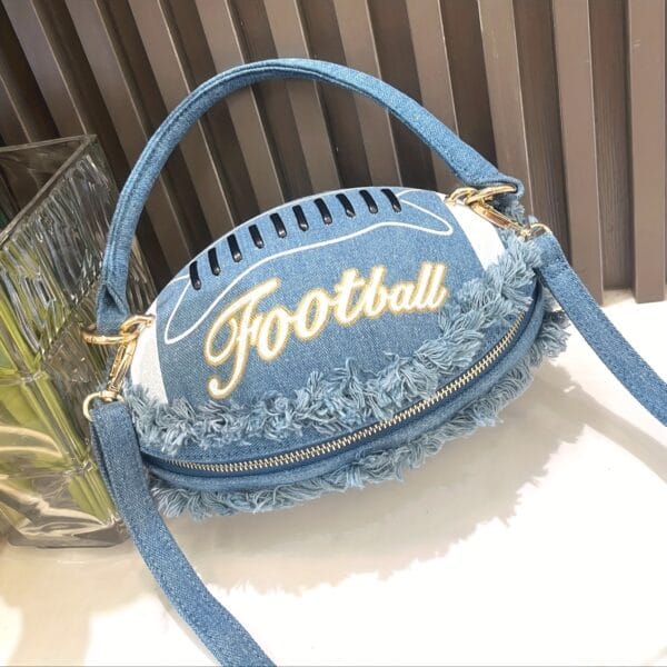 product-fancy-a3998db0-b0e7-4c87-98f1-b3d897b2d0c3 Denim Football-Shaped Handbag with Fringe and Adjustable Strap - Blue, Casual Style, Zip Closure, PU Lining - Perfect for Football Fans