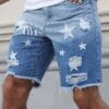product-fancy-a3fd7ae5-d913-4258-b33a-63e451ed9bb7 Men'S Streetwear Summer Denim Shorts - Vibrant Star & Frayed Hem Print, Elastic Waistband with Pockets, Light Blue Washed Jean Style Casual Shorts for Casual Attire, Casual Attire Shorts | Vibrant Print Shorts | Nonstretch Fabric