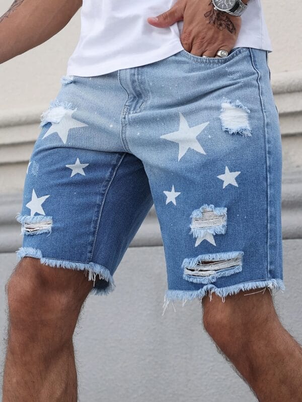 product-fancy-a3fd7ae5-d913-4258-b33a-63e451ed9bb7 Men'S Streetwear Summer Denim Shorts - Vibrant Star & Frayed Hem Print, Elastic Waistband with Pockets, Light Blue Washed Jean Style Casual Shorts for Casual Attire, Casual Attire Shorts | Vibrant Print Shorts | Nonstretch Fabric