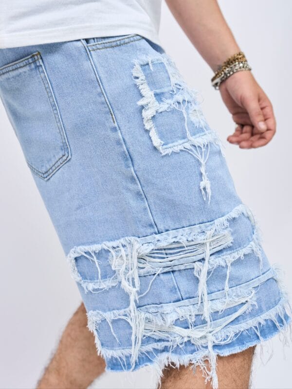 Men's Distressed Blue Jeans - Relaxed Fit Mid-Calf Length with Pre-Faded Knees & Frayed Hems, Machine Washable Casual Streetwear Shorts for Summer