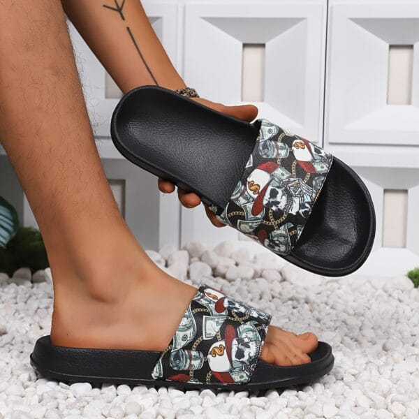 Unisex Black Slip-On Slippers with Skull & Money Print - Lightweight EVA Indoor/Outdoor Casual Shoes for Men & Women, All-Season Comfortable Beach Sandals, Summer Footwear, Adventurous Style, Breathable Fabric Lining, Indoor Footwear, Trendy Footwear, Durable Sandals, Slipresistant Footwear, Home Footwear