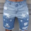 product-fancy-a4923041-4d99-482d-aacd-2b8585036432 Men'S Streetwear Summer Denim Shorts - Vibrant Star & Frayed Hem Print, Elastic Waistband with Pockets, Light Blue Washed Jean Style Casual Shorts for Casual Attire, Casual Attire Shorts | Vibrant Print Shorts | Nonstretch Fabric