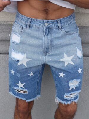 product-fancy-a4923041-4d99-482d-aacd-2b8585036432 Men'S Streetwear Summer Denim Shorts - Vibrant Star & Frayed Hem Print, Elastic Waistband with Pockets, Light Blue Washed Jean Style Casual Shorts for Casual Attire, Casual Attire Shorts | Vibrant Print Shorts | Nonstretch Fabric