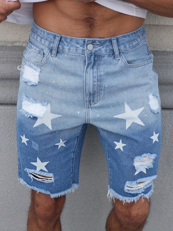 product-fancy-a4923041-4d99-482d-aacd-2b8585036432 Men'S Streetwear Summer Denim Shorts - Vibrant Star & Frayed Hem Print, Elastic Waistband with Pockets, Light Blue Washed Jean Style Casual Shorts for Casual Attire, Casual Attire Shorts | Vibrant Print Shorts | Nonstretch Fabric