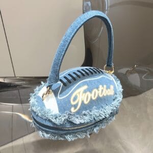 Denim Football-Shaped Handbag with Fringe and Adjustable Strap - Blue, Casual Style, Zip Closure, PU Lining - Perfect for Football Fans