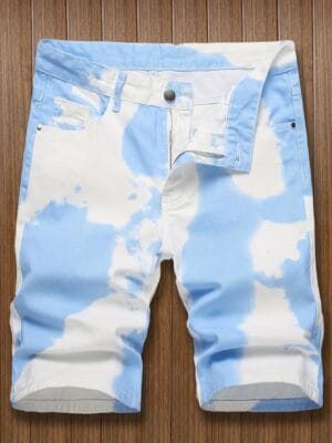 product-fancy-a5cfb823-c8e2-4433-a0ef-d052ef304c7f Men'S Sky Blue & White Tie-Dye Mid-Rise Denim Shorts - Casual 3D Print Knee-Length with Pockets, Comfortable for Outdoor Activities, Outdoor Shorts | Stylish Midrise | Comfortable Fit