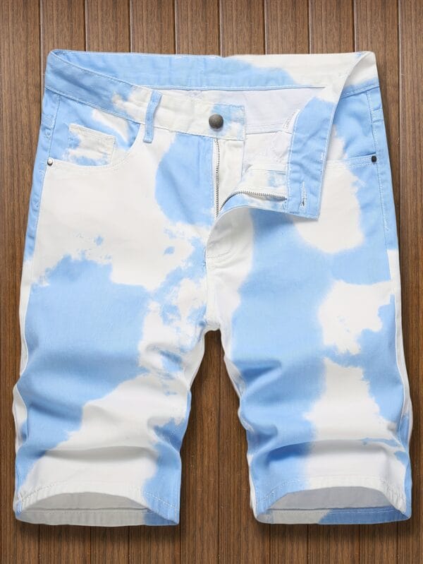 product-fancy-a5cfb823-c8e2-4433-a0ef-d052ef304c7f Men'S Sky Blue & White Tie-Dye Mid-Rise Denim Shorts - Casual 3D Print Knee-Length with Pockets, Comfortable for Outdoor Activities, Outdoor Shorts | Stylish Midrise | Comfortable Fit