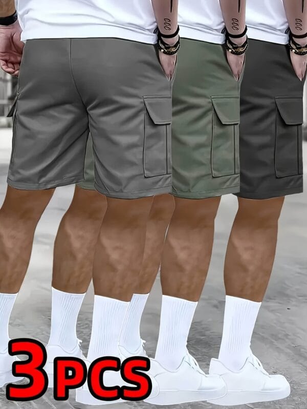 3pcs Men'S Heavyweight Streetwear Summer Shorts with Multiple Pockets - Olive Green, Dark Blue, Black, Asymmetrical Hem, Non-Stretch Fabric for Beach, Outdoor & Casual Wear, Beach Shorts, Streetwear Fashion, Sporty Look, Durable Construction, Urban Style