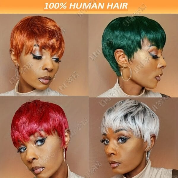 Color Pixie Wigs for Women Short Human Hair Wigs with Bangs Glueless Human Hair Pixie Cut Wig with Color 10.16 cm Straight Layered Pixie Cut Wig Silvery Grey/ Bright Red/ Dark Green/ Tangerine Ginger Multicolor Wig