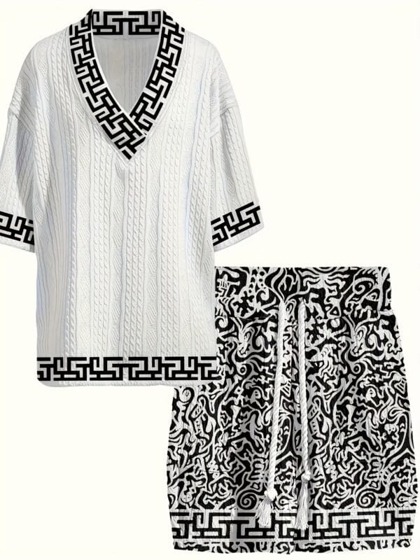 Men's casual vacation style set, white diamond patterned V-neck mid sleeved top paired with black and white geometric printed shorts