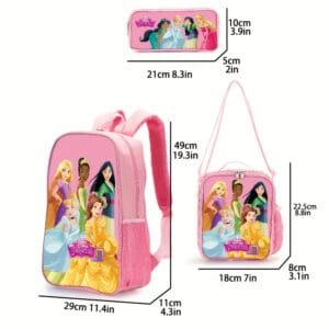 GUSTELL 3pcs Set Combo Backpacks, Unisex Laptop Bags with Ariel, Belle Princess Designs, Includes Small Pouch and Box, Suitable for Travel, Camping, Streetwear, Playful Shoulder Bag with Padded Back and Adjustable Straps, Daily Commute, Portable (Disney Princess Elements), For Teenager