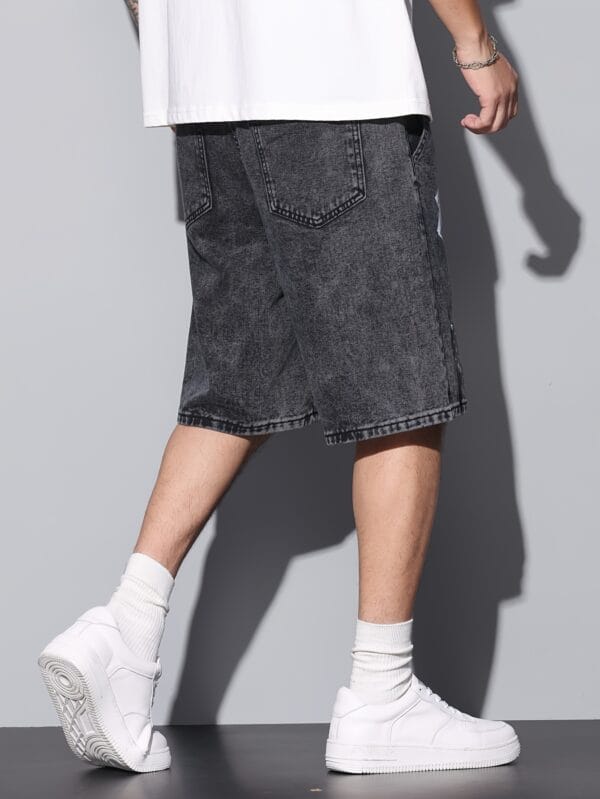 American Street Style Denim Shorts with Print, Elastic Waistband And Drawstring Design, Wide Leg Half-Length Pants for Men And Women, Loose Fit Without Belt/Without Pendants