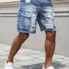 Men'S Loose-Fit Distressed Denim Shorts with Multiple Pockets - Casual Streetwear Style, Non-Stretch Fabric, Light Blue Washed Finish, Perfect for Summer Outings, Summer Shorts | Streetwear Shorts | Nonstretch Fabric