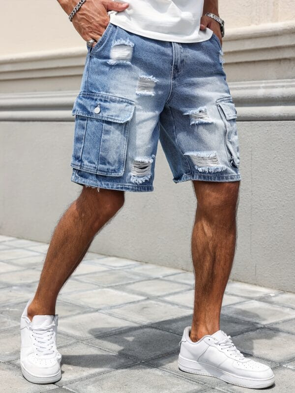 Men'S Loose-Fit Distressed Denim Shorts with Multiple Pockets - Casual Streetwear Style, Non-Stretch Fabric, Light Blue Washed Finish, Perfect for Summer Outings, Summer Shorts | Streetwear Shorts | Nonstretch Fabric