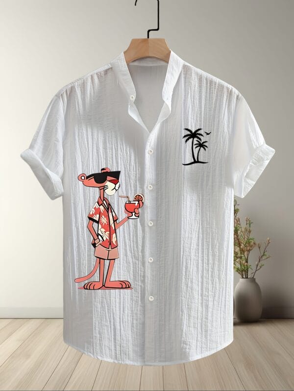 Men'S Summer Casual Beach Shirt - Lightweight Breathable Polyester-Spandex Blend Short Sleeve Top with Orange Cartoon Leopard Pattern and Tropical Drink Print, Stand Collar Design, Machine Washable, Perfect for Pool Parties and Beach Vacations