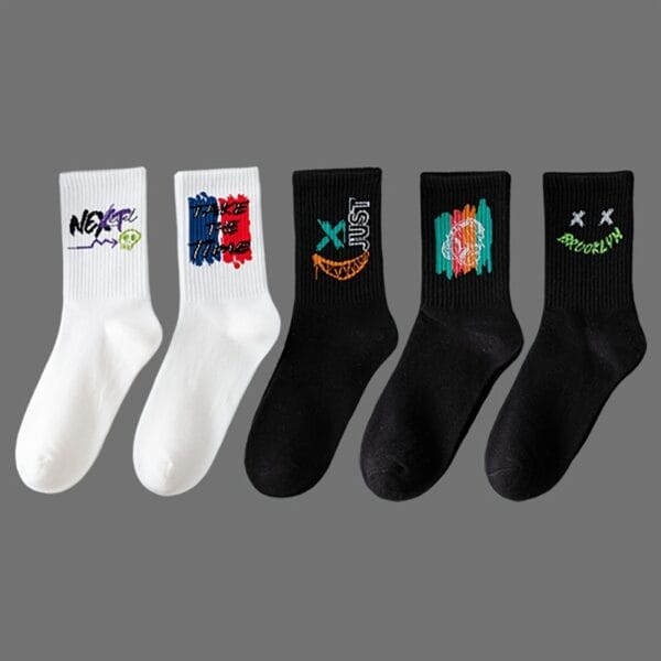 20 Pairs, 10 Pairs, 5 Pairs - Random Color Letter Print Socks, Stylish Mid-Calf Athletic Socks for Basketball, Outdoor & Casual Wear, Polyester Knit Fabric, Hand Washable, Everyday Socks | Vibrant Sock Design | Comfortable Fit