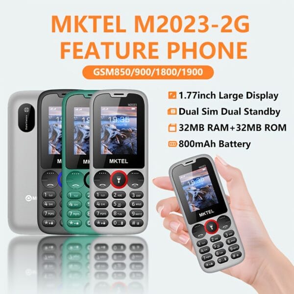 MKTEL M2023 Feature Phone with 1.77" Display, 800mAh Battery, Dual SIM & Standby, FM Radio, MP3/MP4, Camera, Flashlight - 10-Language Support, USB Rechargeable, Compact Design for Basic Communication, Multifunctional Device, Durable Phone Case