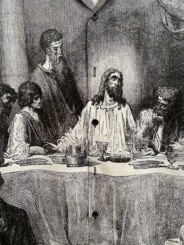 Men's Retro Religious Dinner Pattern Print Short Sleeve Lapel Shirt Top, Male Casual Button Up Shirt For Summer Daily Wear And Vacation Resorts