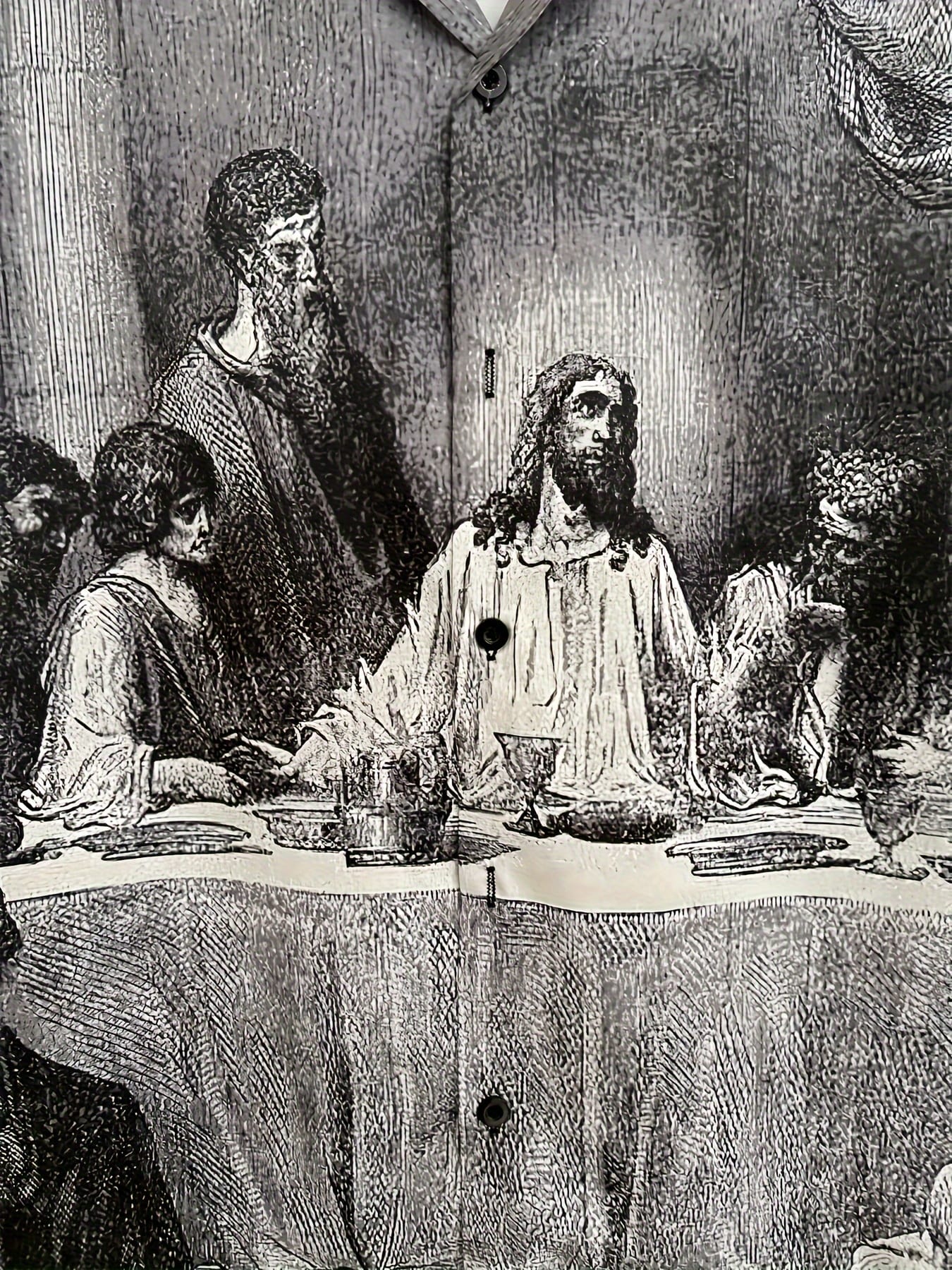 Men's Retro Religious Dinner Pattern Print Short Sleeve Lapel Shirt Top, Male Casual Button Up Shirt For Summer Daily Wear And Vacation Resorts