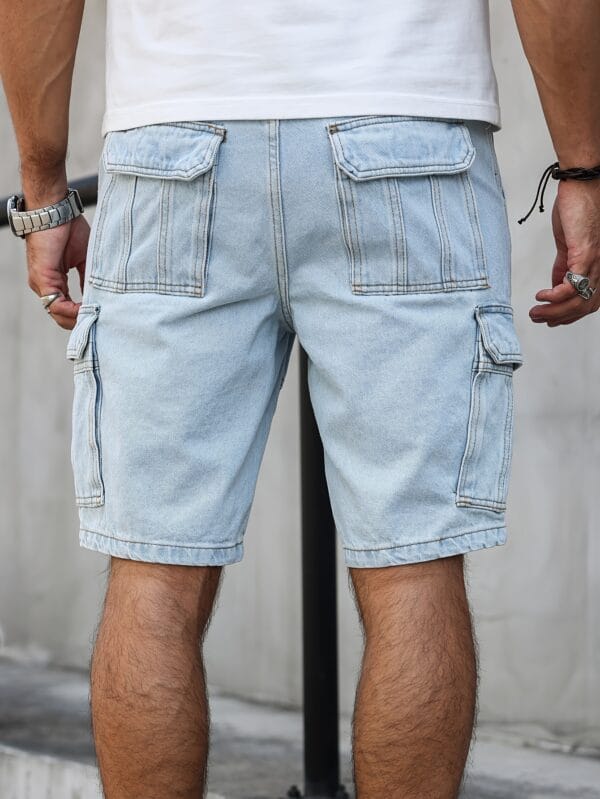 Men'S Summer Streetwear Denim Knee-Length Shorts with Multiple Pockets - Light Blue Washed, Soft Craftsmanship, Casual Style, Non-Stretch Fabric, Everyday Denim Shorts | Streetwear Style | Nonstretch Denim