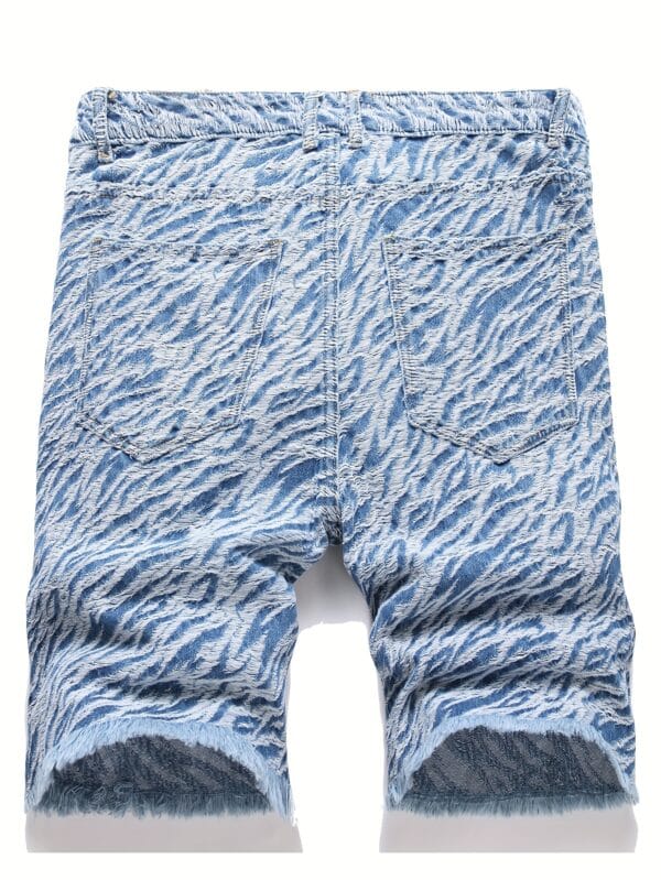 Men'S Light Wash Denim Shorts - Zebra Print Streetwear Style, Mid-Rise Casual Summer Shorts with Frayed Hem, Non-Stretch Fabric, Pockets for Casual Attire, Streetwear Shorts | Zebra Print Shorts | Frayed Hem Shorts